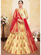 Myra Beige Satin Embroidered Lehenga | Grocsy