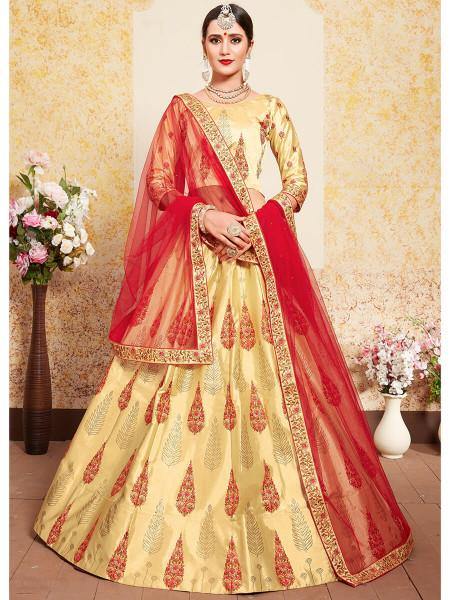 Myra Beige Satin Embroidered Lehenga | Grocsy