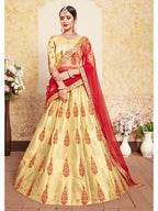 Myra Beige Satin Embroidered Lehenga | Grocsy