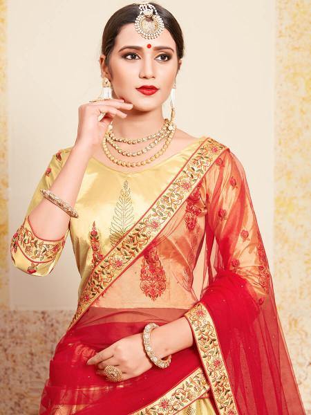 Myra Beige Satin Embroidered Lehenga | Grocsy