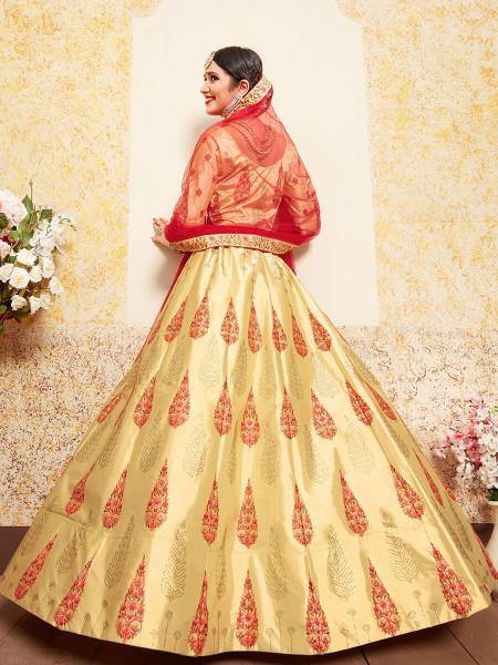 Myra Beige Satin Embroidered Lehenga | Grocsy
