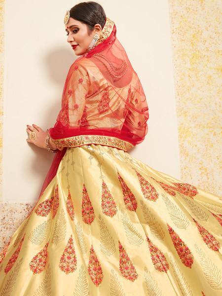 Myra Beige Satin Embroidered Lehenga | Grocsy