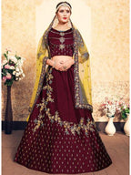 Myra Maroon Satin Embroidered Lehenga | Grocsy