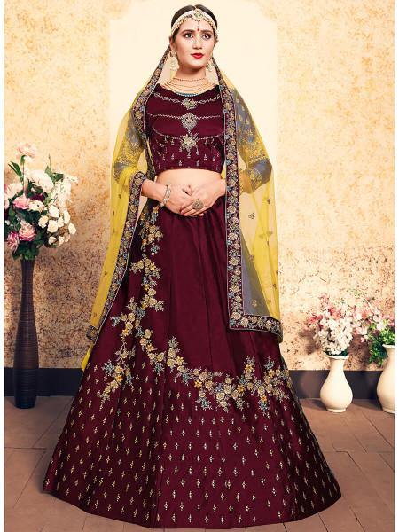 Myra Maroon Satin Embroidered Lehenga | Grocsy