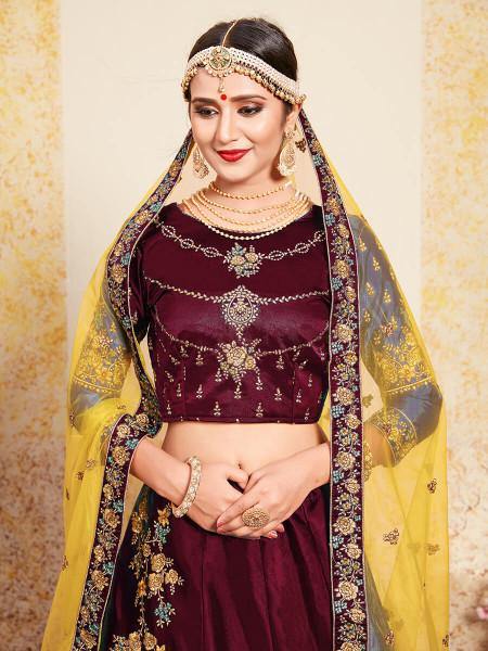 Myra Maroon Satin Embroidered Lehenga | Grocsy