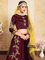 Myra Maroon Satin Embroidered Lehenga | Grocsy
