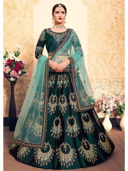 Myra Dark Green Satin Embroidered Lehenga | Grocsy