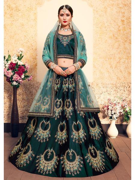 Myra Dark Green Satin Embroidered Lehenga | Grocsy