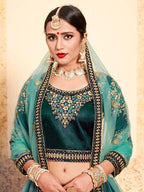 Myra Dark Green Satin Embroidered Lehenga | Grocsy