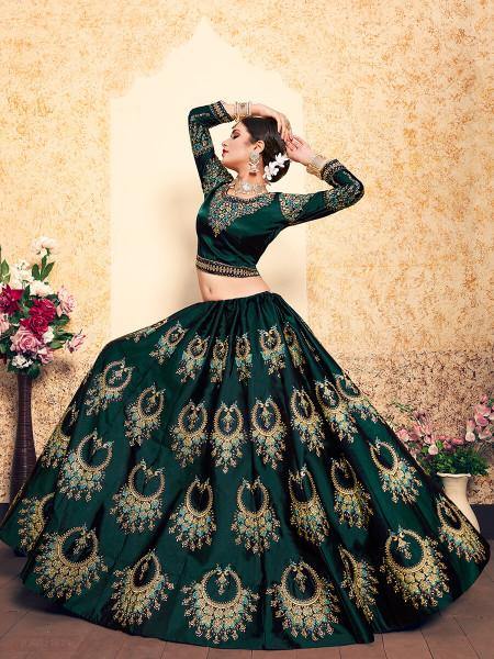 Myra Dark Green Satin Embroidered Lehenga | Grocsy