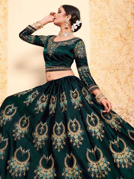 Myra Dark Green Satin Embroidered Lehenga | Grocsy