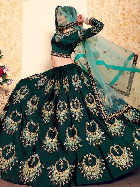 Myra Dark Green Satin Embroidered Lehenga | Grocsy