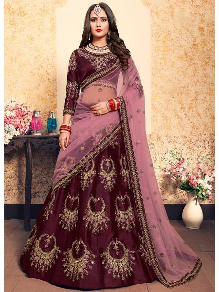 Myra Brown Satin Embroidered Lehenga | Grocsy