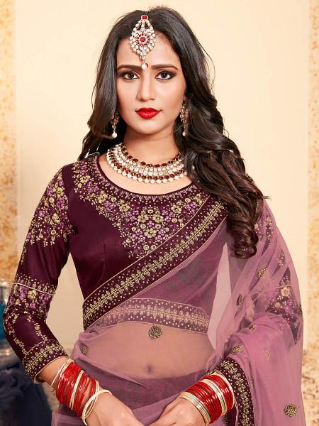 Myra Brown Satin Embroidered Lehenga | Grocsy