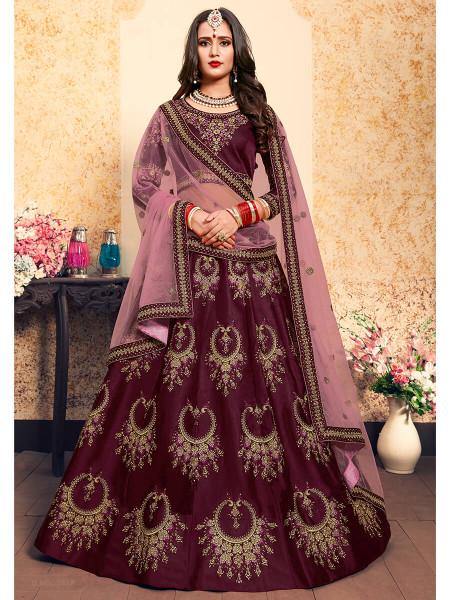Myra Brown Satin Embroidered Lehenga | Grocsy