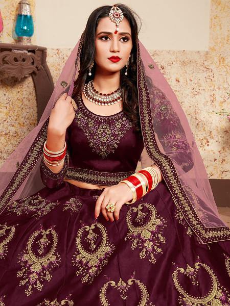 Myra Brown Satin Embroidered Lehenga | Grocsy