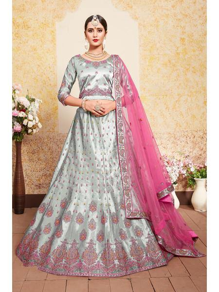 Myra Grey Satin Embroidered Lehenga | Grocsy