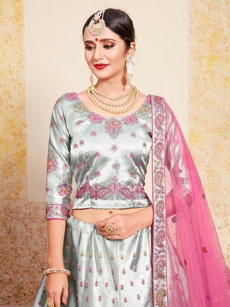 Myra Grey Satin Embroidered Lehenga | Grocsy