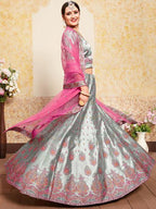 Myra Grey Satin Embroidered Lehenga | Grocsy