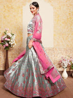 Myra Grey Satin Embroidered Lehenga | Grocsy