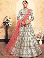 Myra Grey Satin Embroidered Lehenga | Grocsy