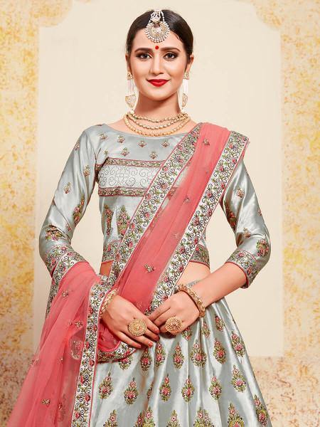 Myra Grey Satin Embroidered Lehenga | Grocsy