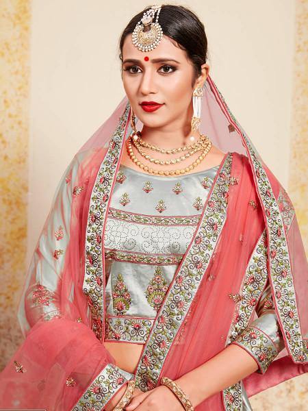 Myra Grey Satin Embroidered Lehenga | Grocsy