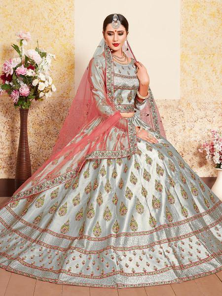 Myra Grey Satin Embroidered Lehenga | Grocsy