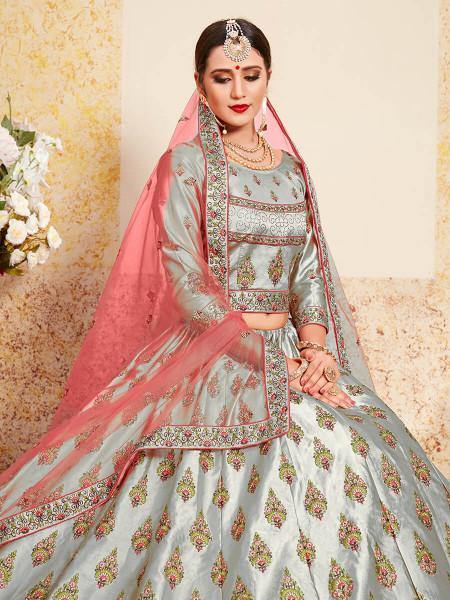 Myra Grey Satin Embroidered Lehenga | Grocsy