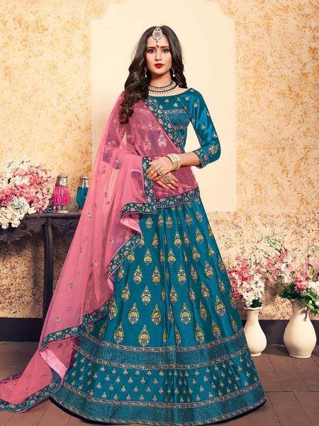 Myra Sky Blue Satin Embroidered Lehenga | Grocsy