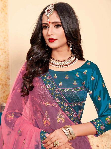 Myra Sky Blue Satin Embroidered Lehenga | Grocsy