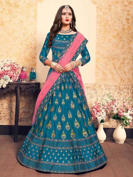 Myra Sky Blue Satin Embroidered Lehenga | Grocsy