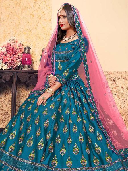Myra Sky Blue Satin Embroidered Lehenga | Grocsy