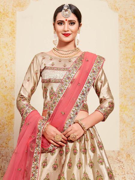 Myra Tortila Brown Satin Embroidered Lehenga | Grocsy
