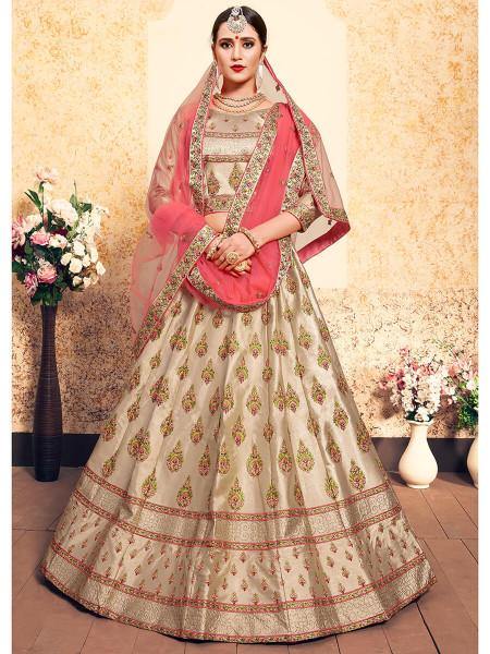 Myra Tortila Brown Satin Embroidered Lehenga | Grocsy