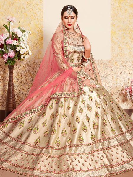 Myra Tortila Brown Satin Embroidered Lehenga | Grocsy