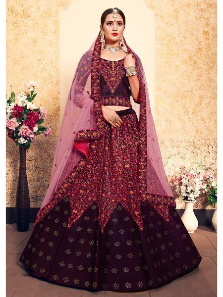 Myra Brown Satin Embroidered Lehenga | Grocsy