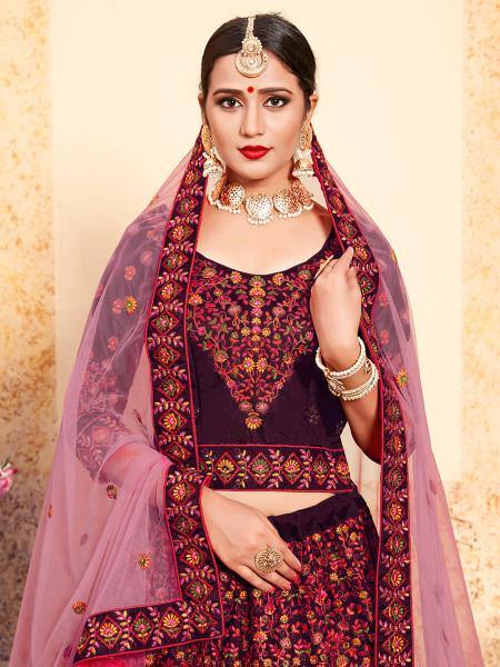 Myra Brown Satin Embroidered Lehenga | Grocsy