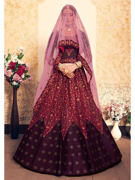 Myra Brown Satin Embroidered Lehenga | Grocsy