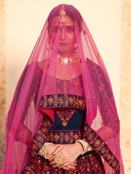 Myra Navy Blue Satin Embroidered Lehenga | Grocsy