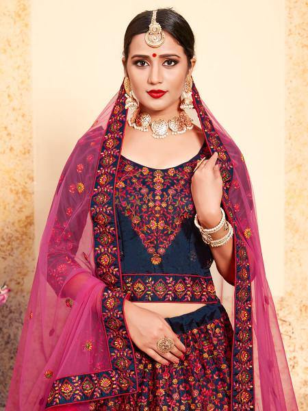 Myra Navy Blue Satin Embroidered Lehenga | Grocsy