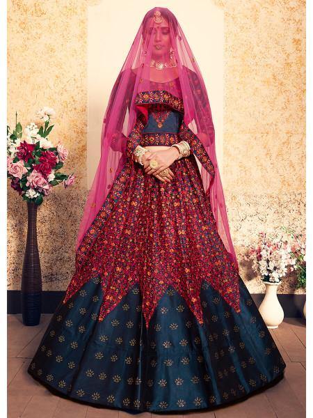 Myra Navy Blue Satin Embroidered Lehenga | Grocsy