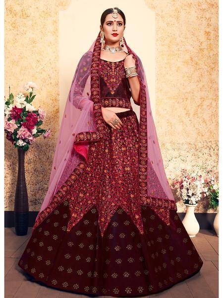 Myra Maroon Satin Embroidered Lehenga | Grocsy