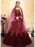 Myra Maroon Satin Embroidered Lehenga | Grocsy