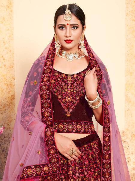 Myra Maroon Satin Embroidered Lehenga | Grocsy