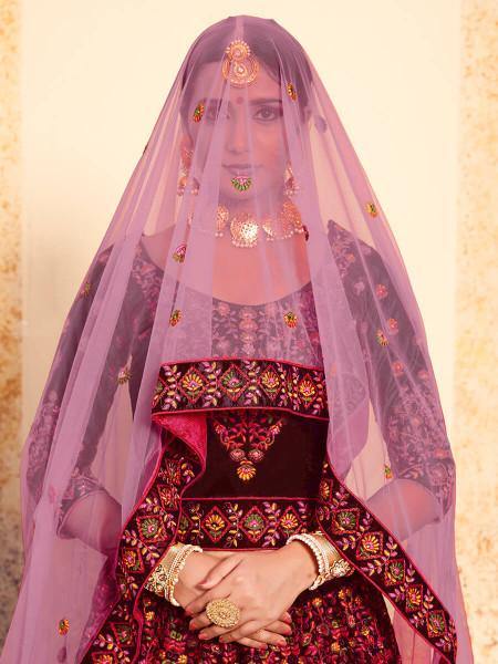Myra Maroon Satin Embroidered Lehenga | Grocsy