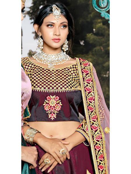Myra Wine Taffeta Embroidered Lehenga | Grocsy