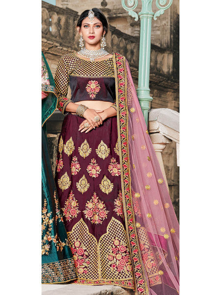 Myra Wine Taffeta Embroidered Lehenga | Grocsy
