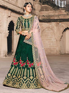 Myra Green Taffeta Embroidered Lehenga | Grocsy