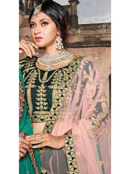 Myra Green Taffeta Embroidered Lehenga | Grocsy